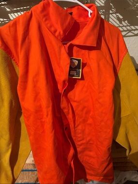 Men's High-Visibility Orange Work Jacket with Yellow Sleeves - Unbranded